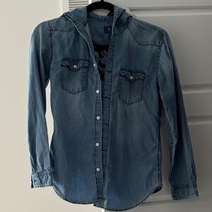 Guess Blue Denim Hooded Shirt Sz S